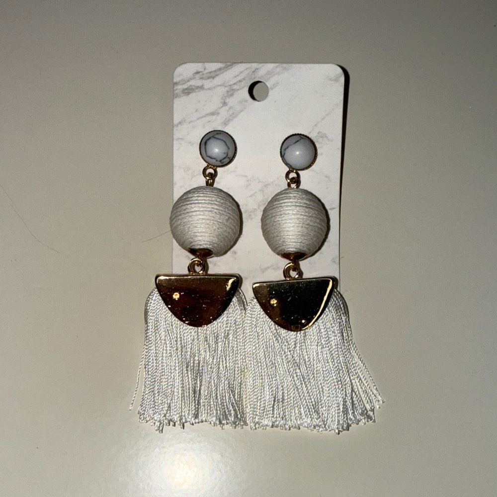 VENUS White Tassel Drop Earrings with Gold Accents